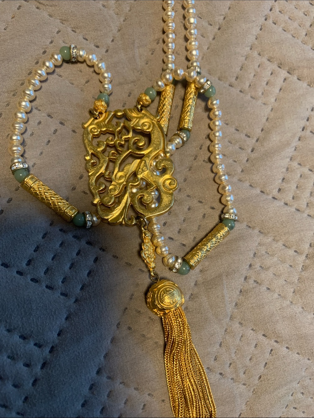 Ben-Amun $650 Bizantine Gold Pearl jade Filigree Pendant Necklace with Tassel